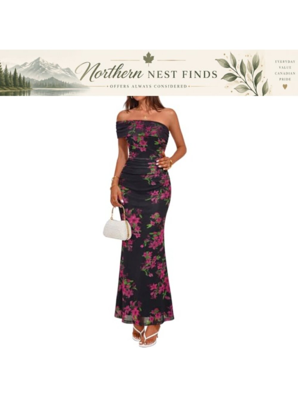 Women's Floral Maxi Dress Off Shoulder Ruched Mesh Bodycon Cocktail Party